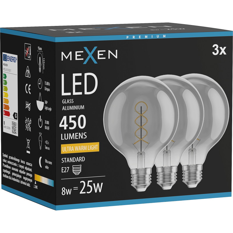 Mexen Vintis 3x LED filament spiraallamp E27, G95, 8W, Warm - 2200K, 450 lm, rook - L167-E27-0822-70x03
