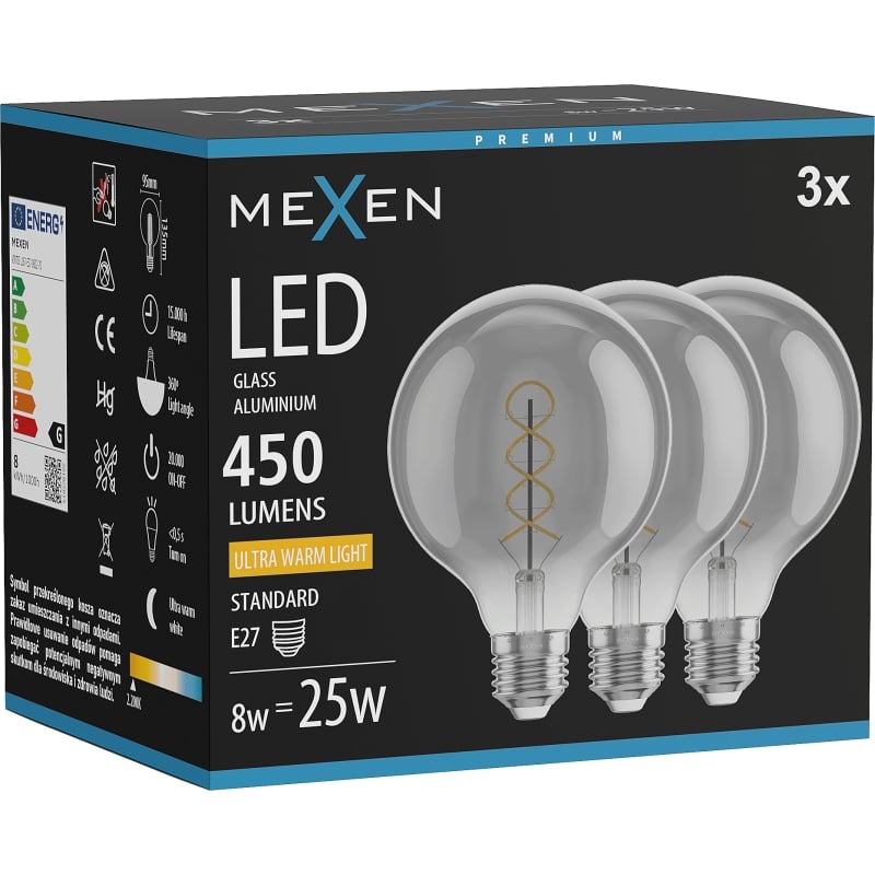 Mexen Vintis 3x LED filament spiral lampa E27, G95, 8W, Varm - 2200K, 450 lm, rökgrå - L167-E27-0822-70x03