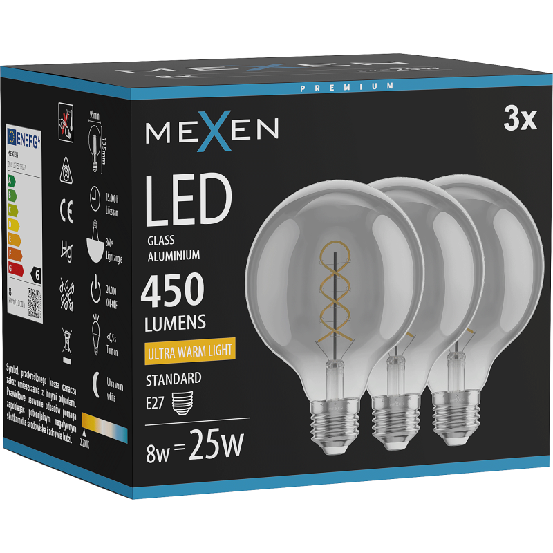 Mexen Vintis 3x Spuldze ar spirāli LED E27, G95, 8W, Silta - 2200K, 450 lm, dūmojoša - L167-E27-0822-70x03
