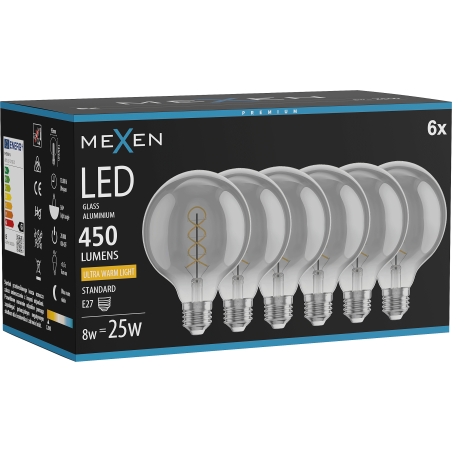 Mexen Vintis 6x LED spirālveida filamentu spuldze E27, G95, 8W, Silta - 2200K, 450 lm, smoke - L167-E27-0822-70x06