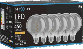 Mexen Vintis 6x LED filamentna spiralna žarulja E27, G95, 8W, Topla - 2200K, 450 lm, dimljena - L167-E27-0822-70x06