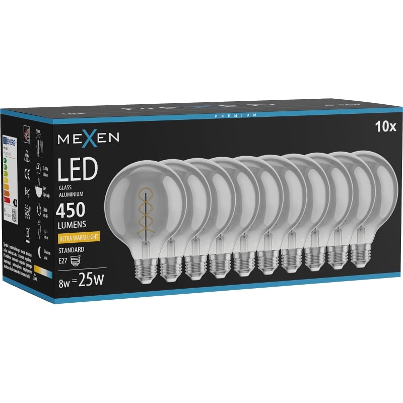 Mexen Vintis 10x lampadina a spirale LED a filamento E27, G95, 8W, Calda - 2200K, 450 lm, smoke - L167-E27-0822-70x10