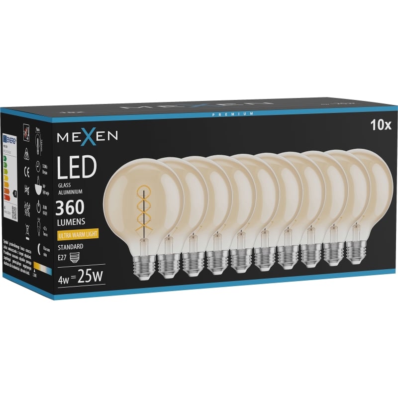 Mexen Vintis 10x LED filament spiral glödlampa E27, G95, 4W, Varm - 2200K, 360 lm, amber - L167-E27-0422-50x10