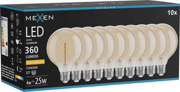 Mexen Vintis 10x LED-Filament-Glühbirne Spirale E27, G95, 4W, Warm - 2200K, 360 lm, bernsteinfarben - L167-E27-0422-50x10