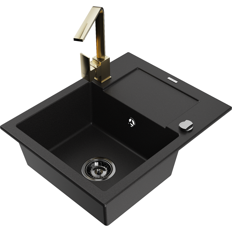 Mexen Enzo Granitspüle 1-Becken mit Abtropffläche und Küchenarmatur Rita, schwarz - 6506-77-670300-50-B