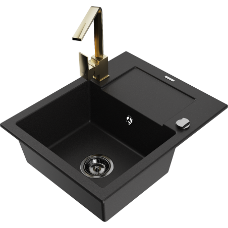 Mexen Enzo granite sink 1-bowl with drainer and Rita kitchen tap, black - 6506-77-670300-50-B