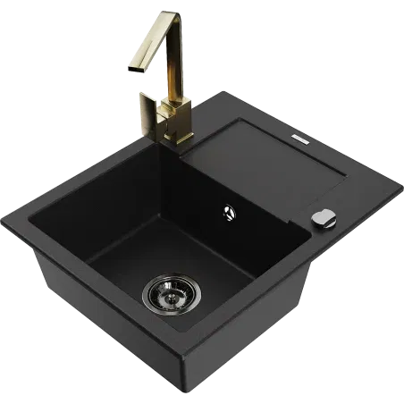 Mexen Enzo Granitspüle 1-Becken mit Abtropffläche und Küchenarmatur Rita, schwarz - 6506-77-670300-50-B