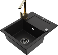 Mexen Enzo granite sink 1-bowl with drainer and Rita kitchen tap, black - 6506-77-670300-50-B