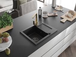 Mexen Enzo granite sink 1-bowl with drainer and Rita kitchen tap, black - 6506-77-670300-50-B