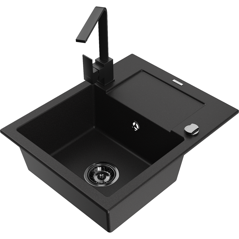 Mexen Enzo 1-bowl granite sink with drainer and Rita kitchen tap, black - 6506-77-670300-70-B