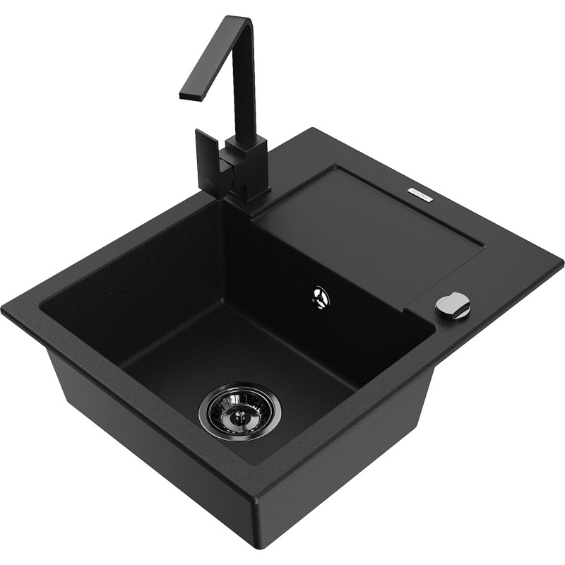 Mexen Enzo fregadero de granito 1-cubeta con escurridor y grifo de cocina Rita, negro - 6506-77-670300-70-B