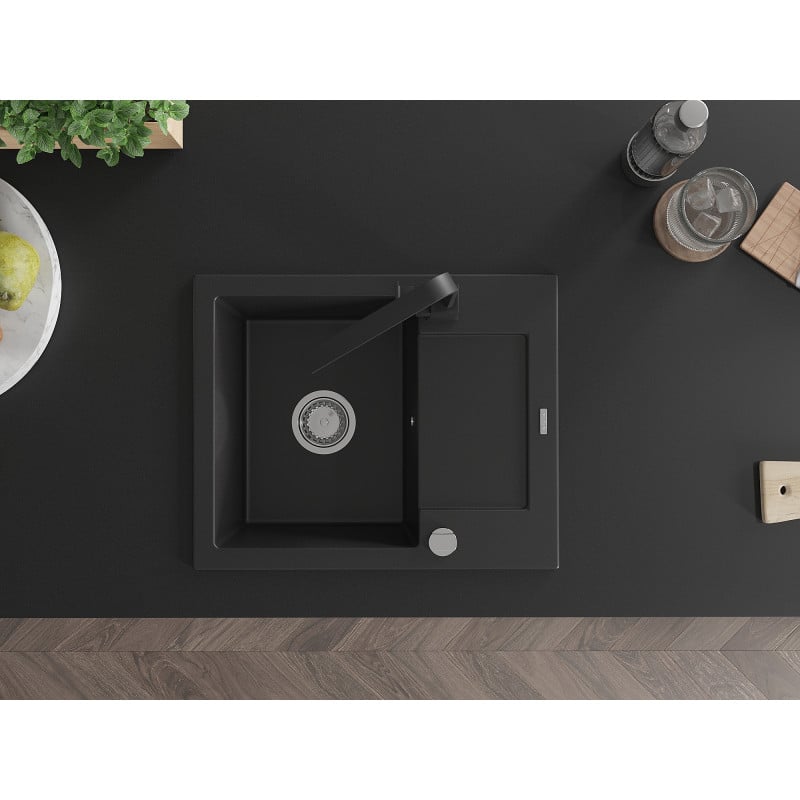 Mexen Enzo graniittinen 1-allas keittiöallas valutuslevyllä ja keittiöhanalla Rita, musta - 6506-77-670300-70