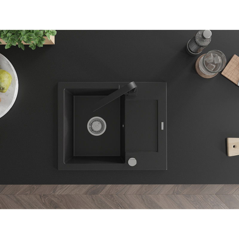Mexen Enzo granite sink 1-bowl with drainer and Rita kitchen tap, black - 6506-77-670300-70
