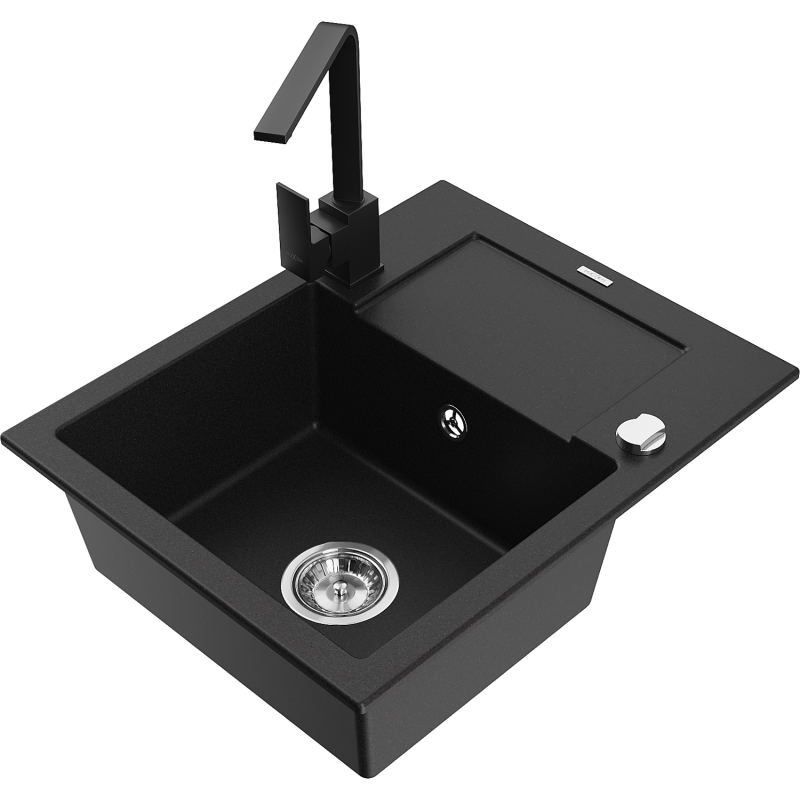 Mexen Enzo granite sink 1-bowl with drainer and Rita kitchen tap, black - 6506-77-670300-70