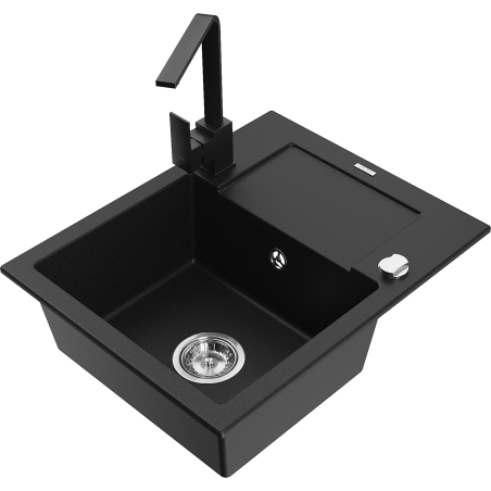 Mexen Enzo granite sink 1-bowl with drainer and Rita kitchen tap, black - 6506-77-670300-70