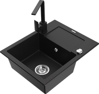 Mexen Enzo granite sink 1-bowl with drainer and Rita kitchen tap, black - 6506-77-670300-70