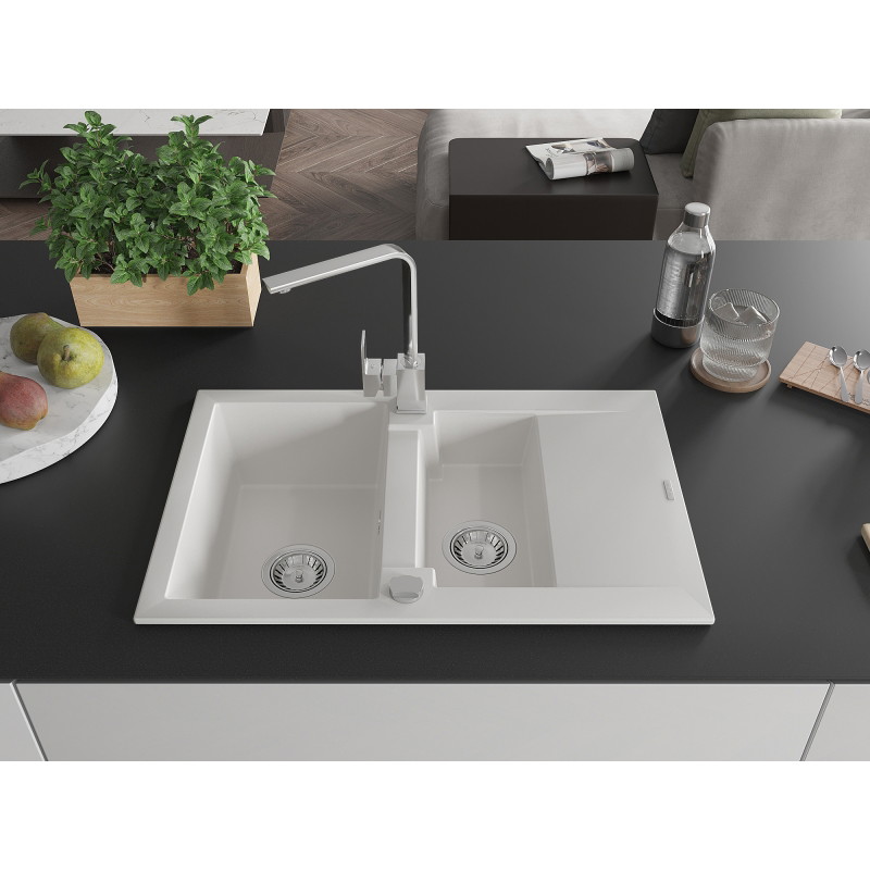 Mexen Gaspar fregadero de granito de 1,5 cubetas con escurridor y grifo de cocina Rita, blanco - 6507-20-670300-00