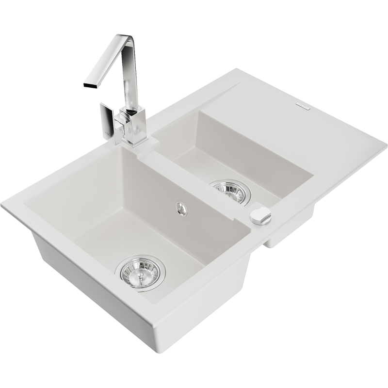 Mexen Gaspar fregadero de granito 1,5 cubetas con escurridor y grifo de cocina Rita, blanco - 6507-20-670300-00