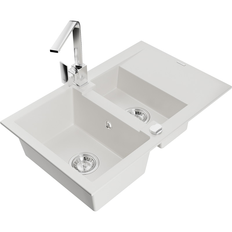 Mexen Gaspar fregadero de granito de 1,5 senos con escurridor y grifo de cocina Rita, blanco - 6507-20-670300-00