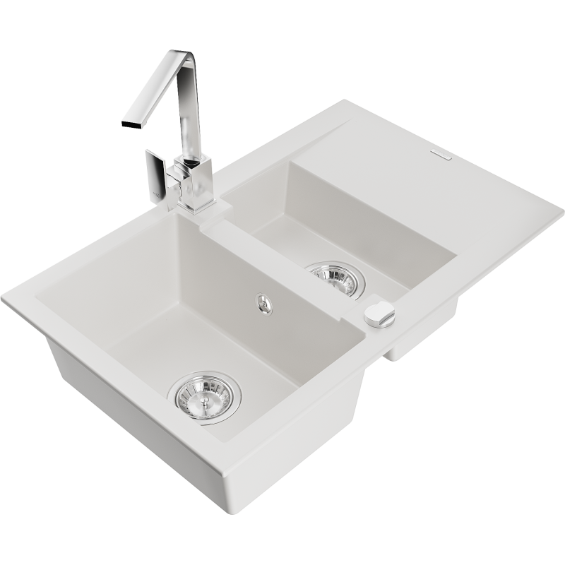 Mexen Gaspar lava-loiça de granito 1,5-cuba com escorredor e torneira de cozinha Rita, branco - 6507-20-670300-00