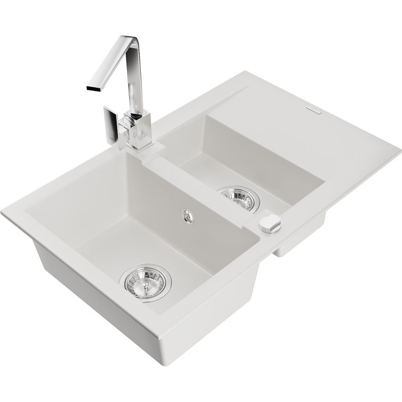 Mexen Gaspar lavello in granito 1,5 vasche con sgocciolatoio e rubinetto da cucina Rita, bianco - 6507-20-670300-00