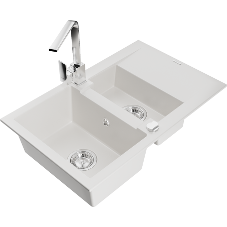 Mexen Gaspar fregadero de granito 1,5 cubetas con escurridor y grifo de cocina Rita, blanco - 6507-20-670300-00