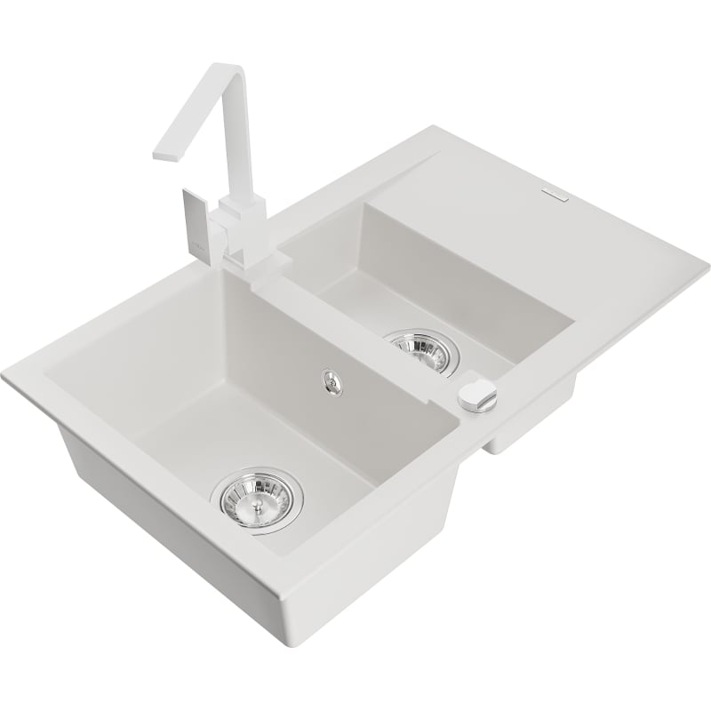 Mexen Gaspar granitische spoelbak 1,5-compartiment met afdruiprek en keukenmengkraan Rita, wit - 6507-20-670300-20