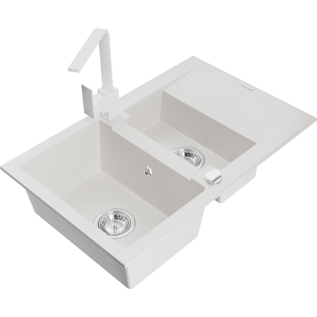 Mexen Gaspar granite sink 1.5-bowl with drainer and Rita kitchen tap, white - 6507-20-670300-20