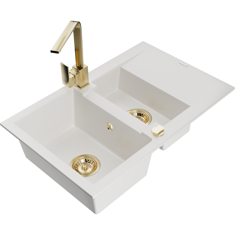 Mexen Gaspar fregadero de granito de 1,5 senos con escurridor y grifo de cocina Rita, blanco - 6507-20-670300-50