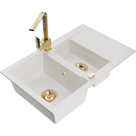 Mexen Gaspar lavello in granito a 1,5 vasche con scolapiatti e rubinetto da cucina Rita, bianco - 6507-20-670300-50