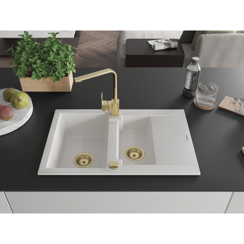 Mexen Gaspar granitische gootsteen 1,5-kamer met afdruiprek en keukenkraan Rita, wit - 6507-20-670300-50