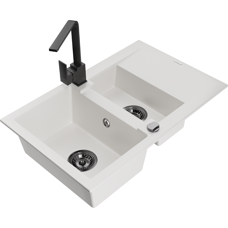 Mexen Gaspar Granit-Kichenopvassbecken 1,5-Chamber mat Droppfläche a mat Kichenhahn Rita, wäiss - 6507-20-670300-70