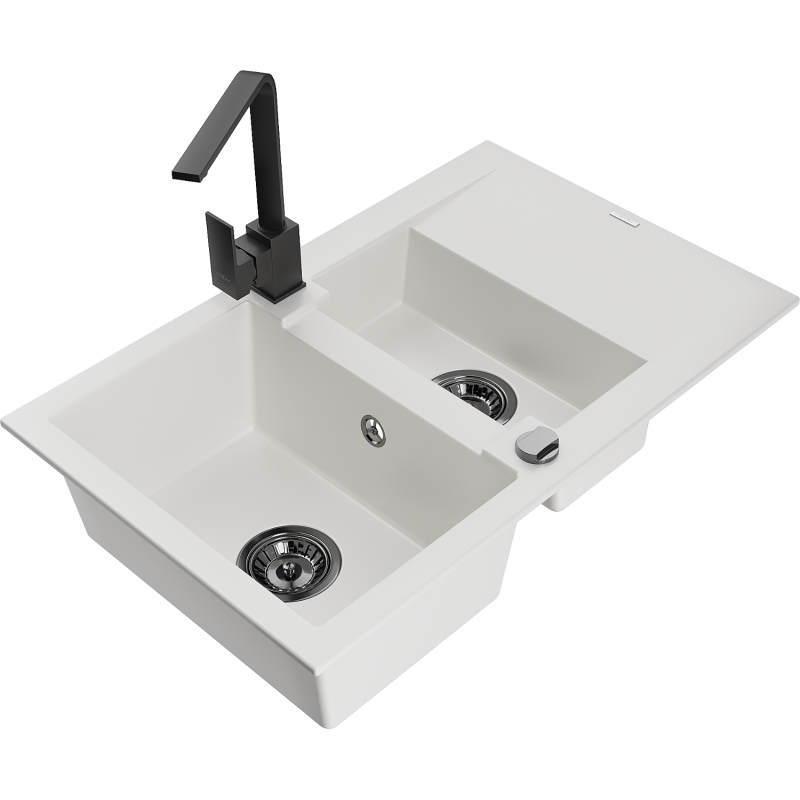 Mexen Gaspar lava-loiça de granito 1,5-cuba com escorredor e torneira de cozinha Rita, branco - 6507-20-670300-70