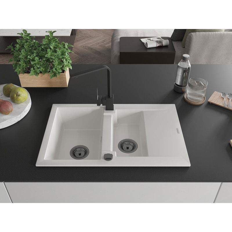 Mexen Gaspar granite sink 1.5-bowl with drainer and kitchen mixer tap Rita, white - 6507-20-670300-70