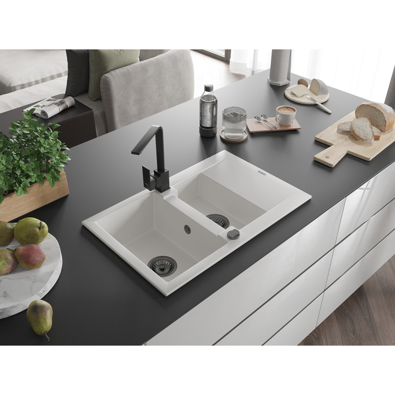 Mexen Gaspar granitische gootsteen 1,5 kamer met afdruiprek en keukenmengkraan Rita, wit - 6507-20-670300-70