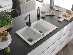 Mexen Gaspar fregadero de granito de 1,5 senos con escurridor y grifo de cocina Rita, blanco - 6507-20-670300-70