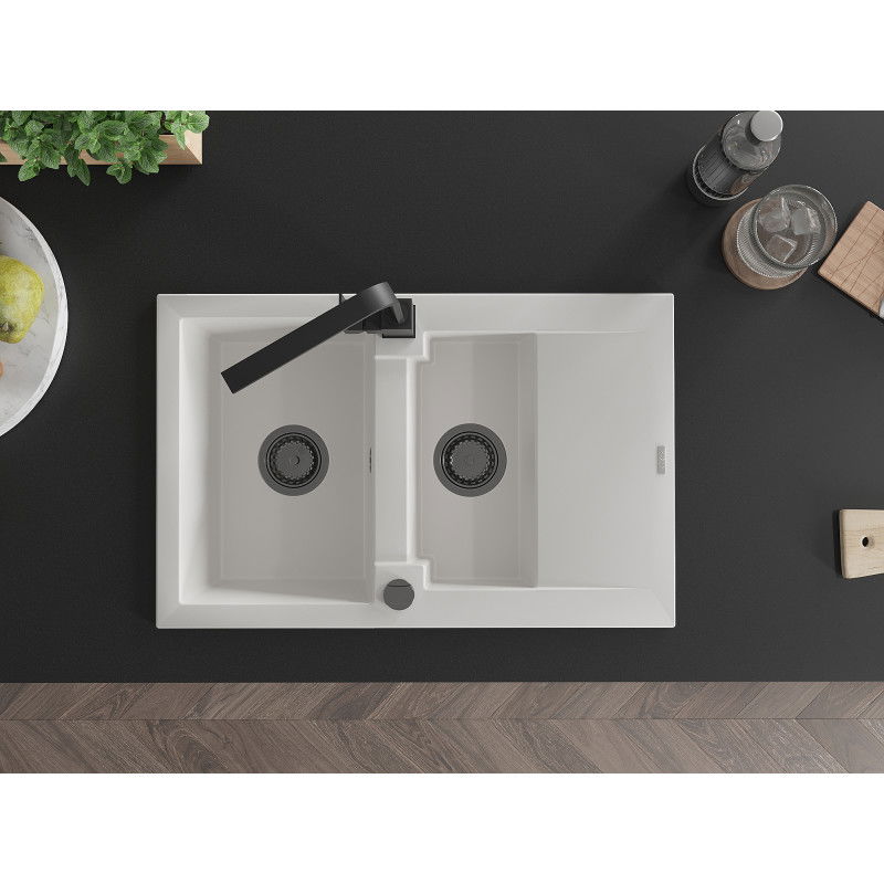 Mexen Gaspar granite sink 1.5-bowl with drainer and kitchen mixer tap Rita, white - 6507-20-670300-70