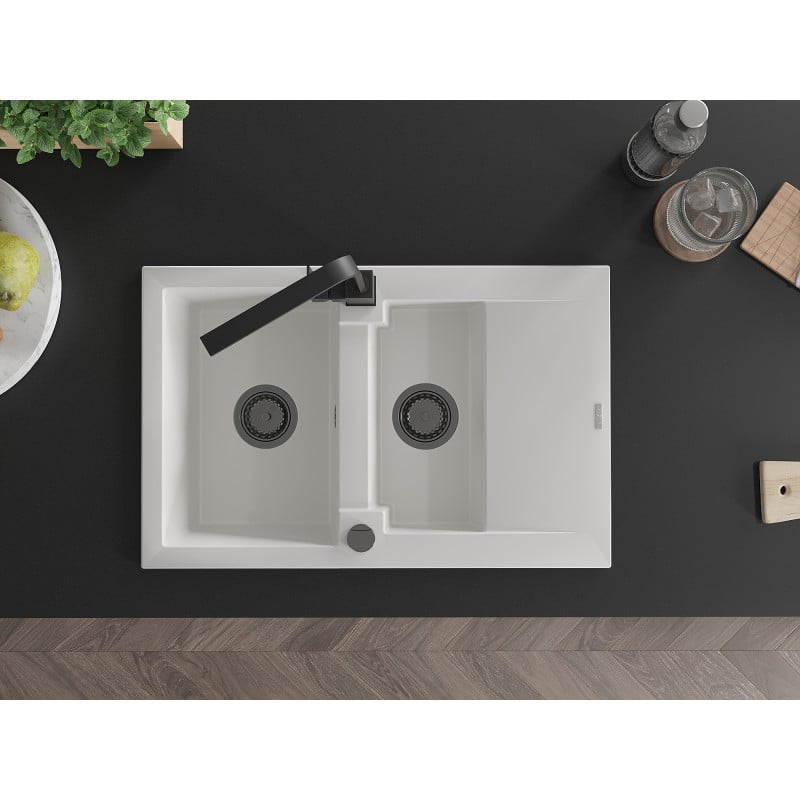 Mexen Gaspar lava-loiça de granito 1,5-cuba com escorredor e torneira de cozinha Rita, branco - 6507-20-670300-70