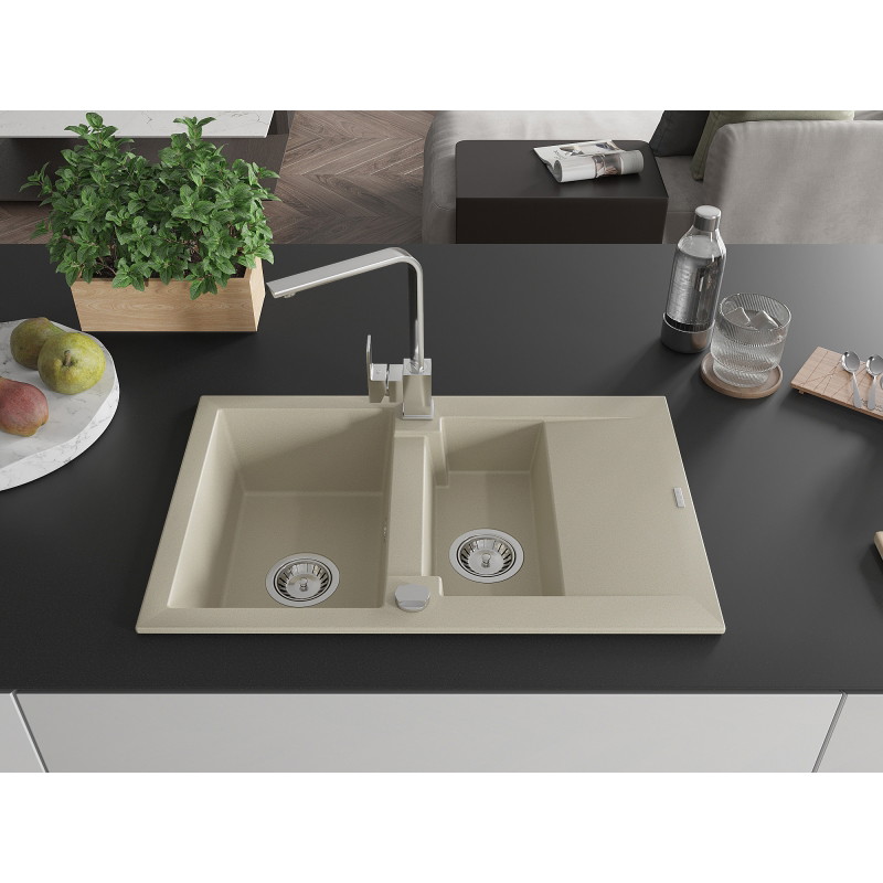 Mexen Gaspar Granitspüle 1,5-kammerig mit Abtropffläche und Küchenarmatur Rita, beige - 6507-69-670300-00