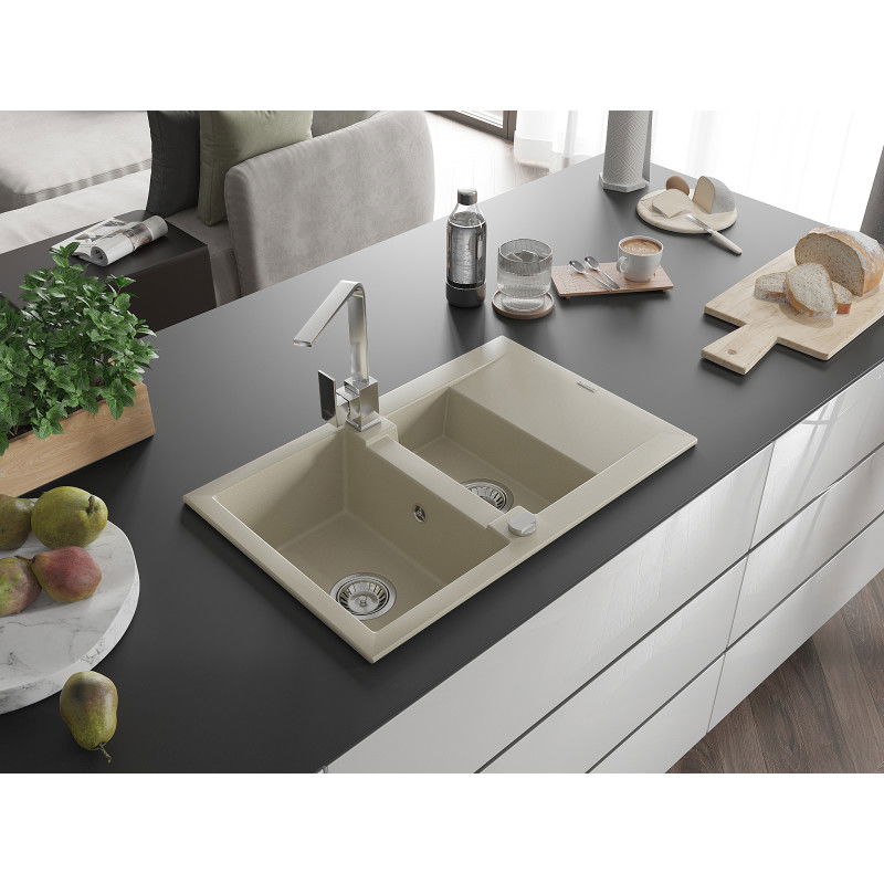 Mexen Gaspar Granit Sink 1.5-Bowl with Drainer and Kitchen Tap Rita, Beige - 6507-69-670300-00
