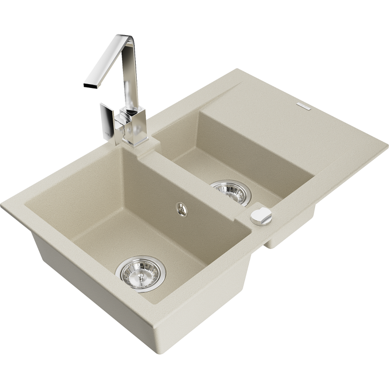 Mexen Gaspar lava-louça em granito 1,5 cubas com escorredor e torneira de cozinha Rita, bege - 6507-69-670300-00