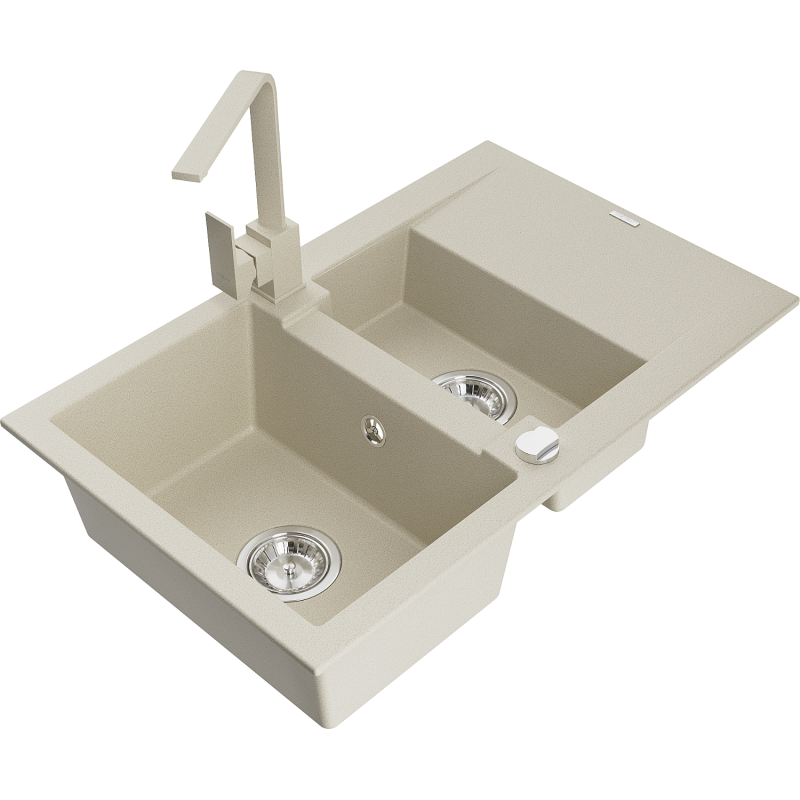 Mexen Gaspar lava-loiça de granito de 1,5 cuba com escorredor e torneira de cozinha Rita, bege - 6507-69-670300-69