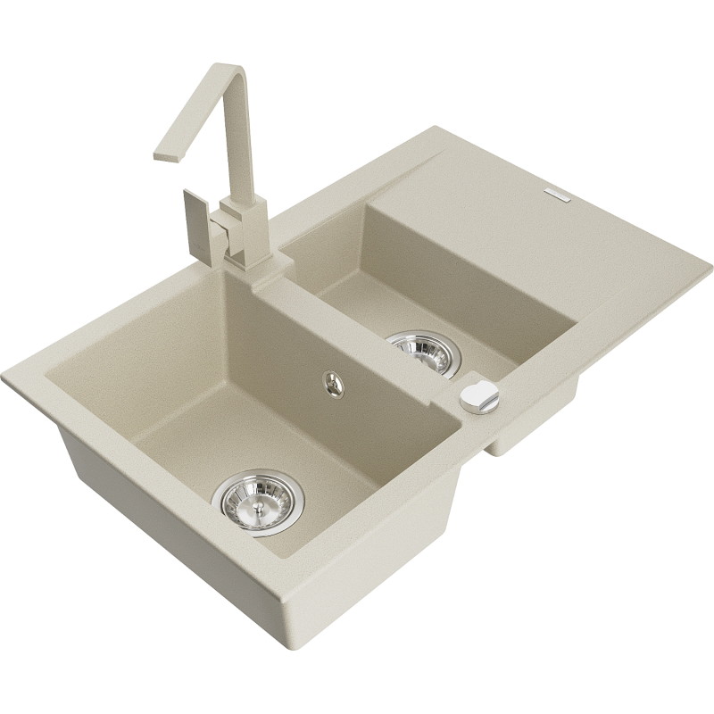 Mexen Gaspar lavello in granito con 1,5 vasche, scolapiatti e rubinetto da cucina Rita, beige - 6507-69-670300-69