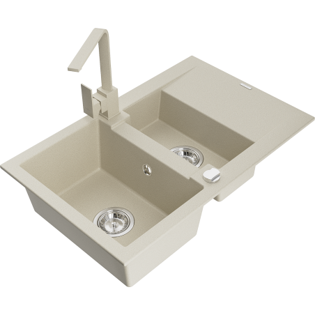 Mexen Gaspar 1,5-Becken Granitspüle mit Abtropffläche und Küchenarmatur Rita, beige - 6507-69-670300-69