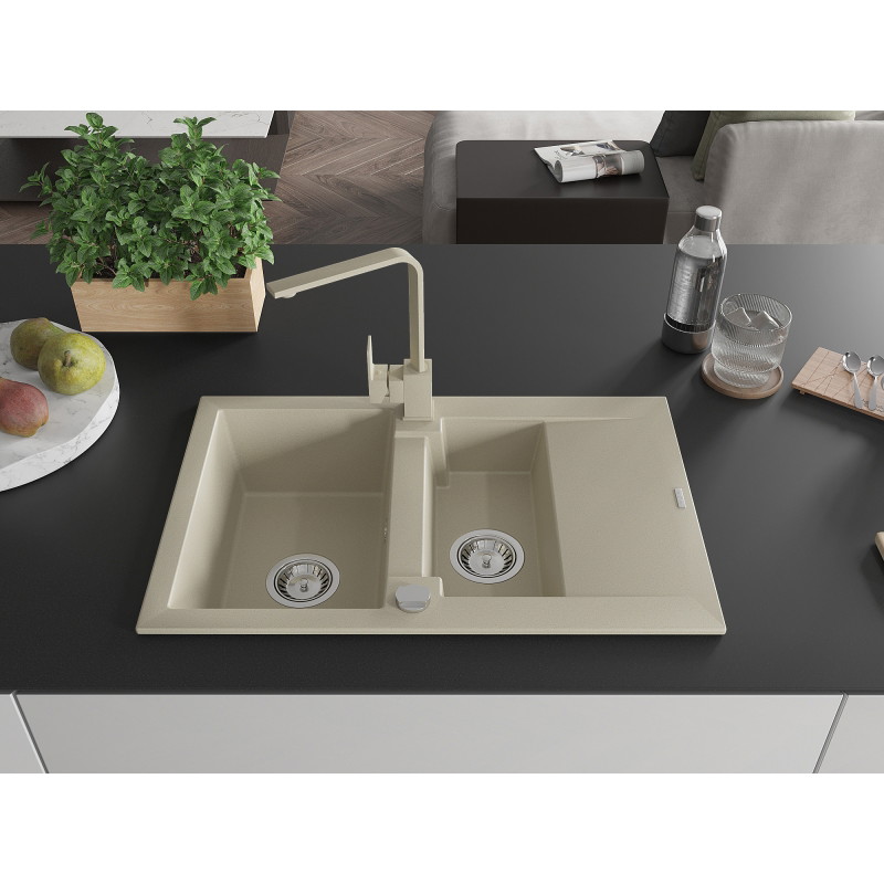 Mexen Gaspar 1,5-kom Granite Spoelbak met Afdruiprek en Keukenkraan Rita, Beige - 6507-69-670300-69