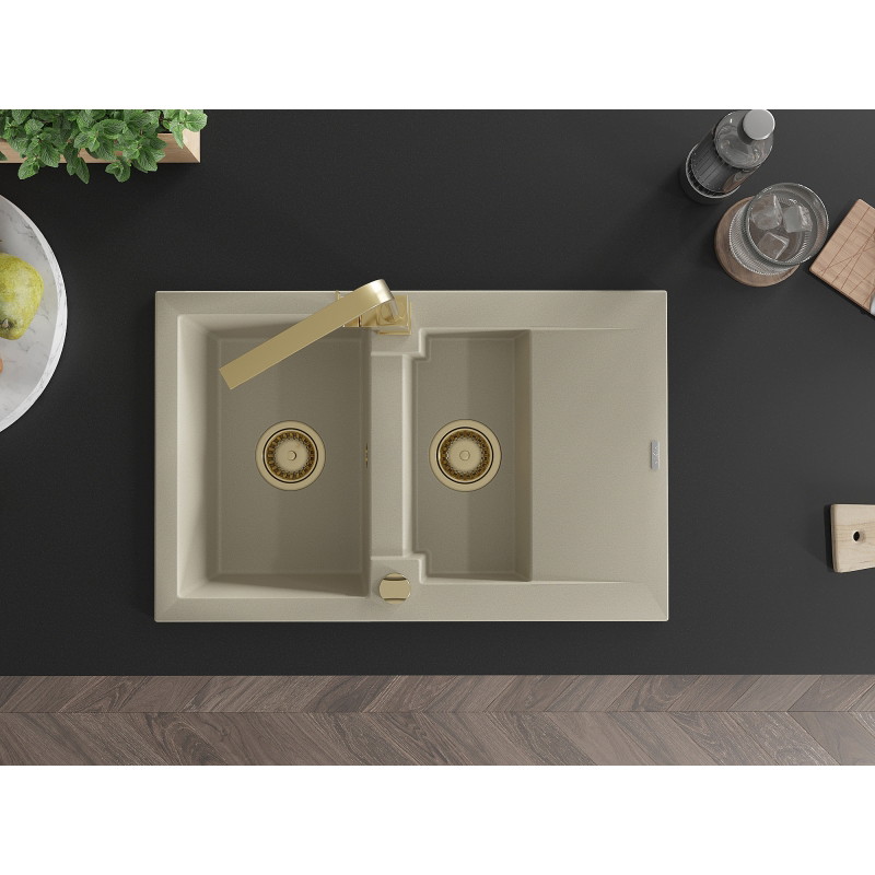 Mexen Gaspar Granitspüle 1,5-Kammer mit Abtropffläche und Küchenarmatur Rita, beige - 6507-69-670300-50