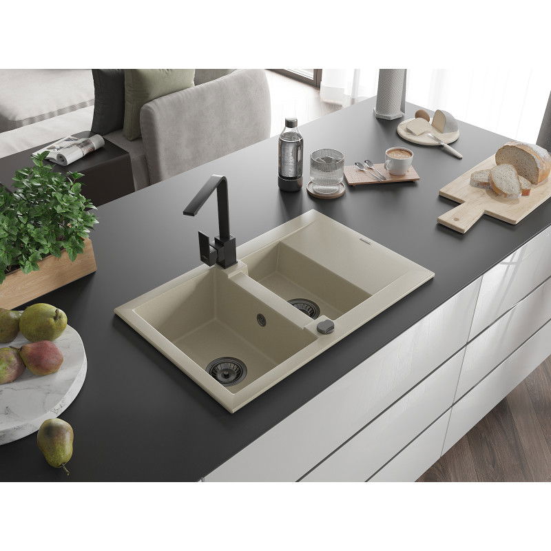 Mexen Gaspar lavello in granito da 1,5 vasche con scolapiatti e rubinetto da cucina Rita, beige - 6507-69-670300-70