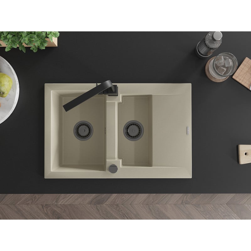 Mexen Gaspar Granitspüle 1,5-Becken mit Abtropffläche und Küchenarmatur Rita, beige - 6507-69-670300-70