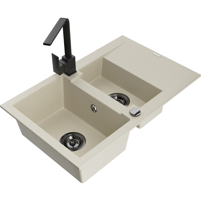 Mexen Gaspar granitische spoelbak 1,5 kamer met afdruiprek en keukenkraan Rita, beige - 6507-69-670300-70