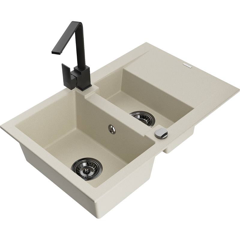 Mexen Gaspar lava-loiça de granito 1,5-cuba com escorredor e torneira de cozinha Rita, bege - 6507-69-670300-70